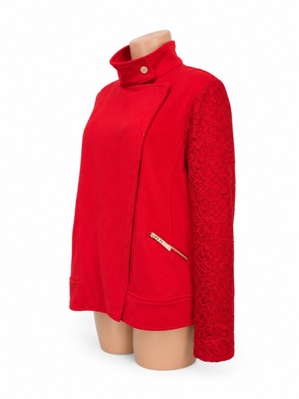 C. Wonder by Christian Siriano Red Lace Sleeve Asymmetrical Zip Jacket Large - Picture 3 of 7
